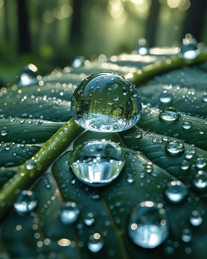 Macro photo of a large glassy water droplet on a green leaf, with blurred forest background and other droplets nearby.
